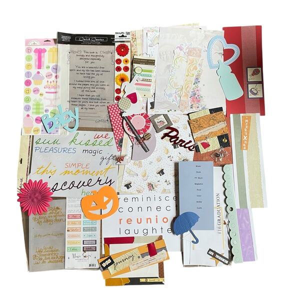 Huge Lot 75 Scrapbooking Supplies Stickers Die Cuts Brads Eyelets Ribbon Flowers